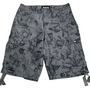 Ecko Unltd Cargo Board Shorts 30 Grey Floral Pockets Drawstring Button Zipper